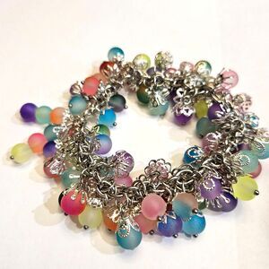 Frosted Glass Bead Bracelet Full Heavy Silver tone facets Colorful 7.5"
